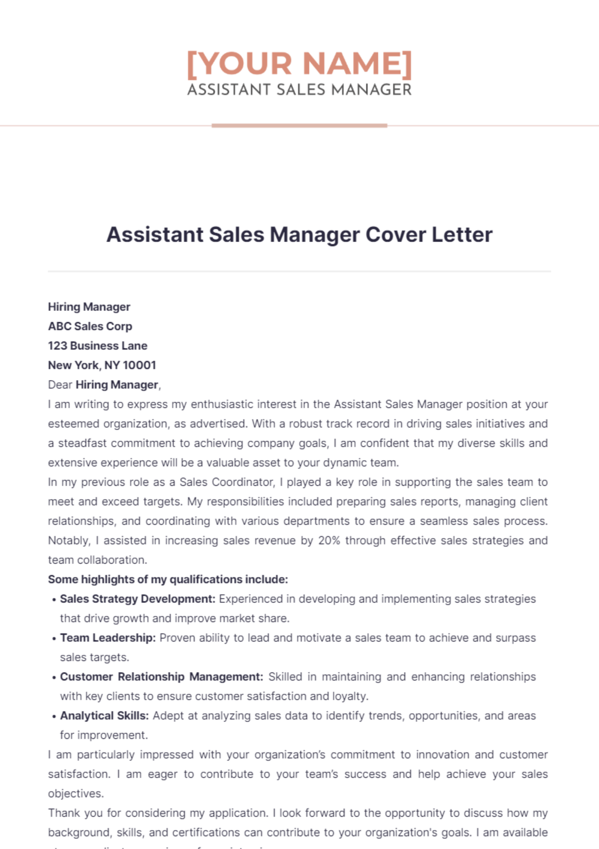 Assistant Sales Manager Cover Letter