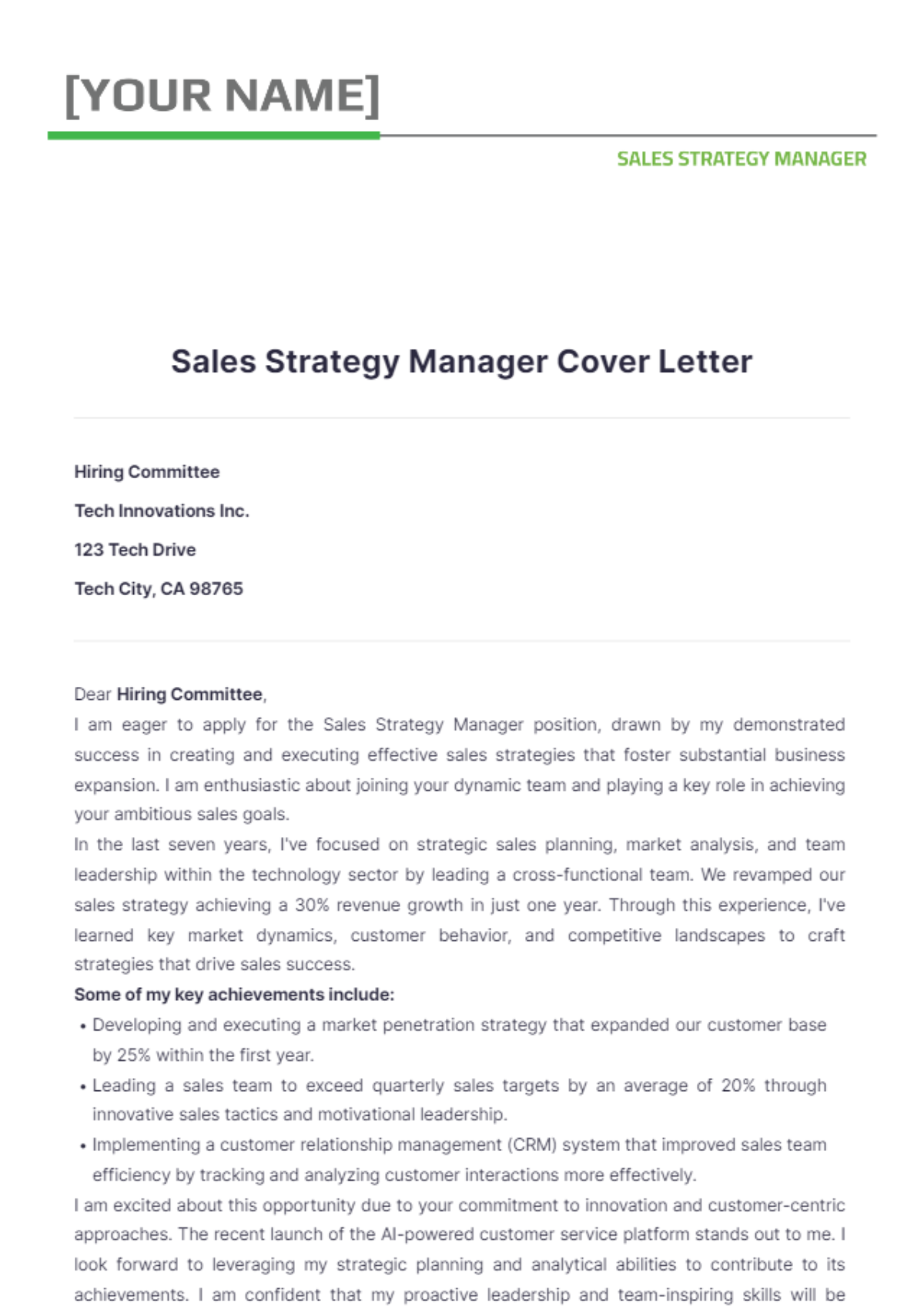 Sales Strategy Manager Cover Letter