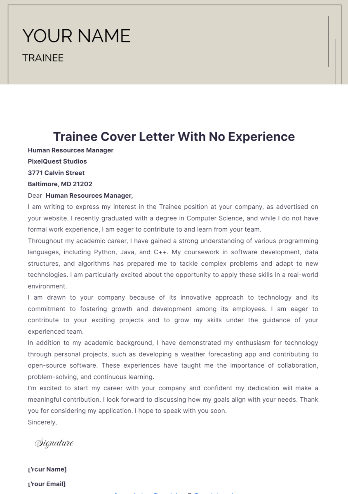 cover letter for trainee position with no experience