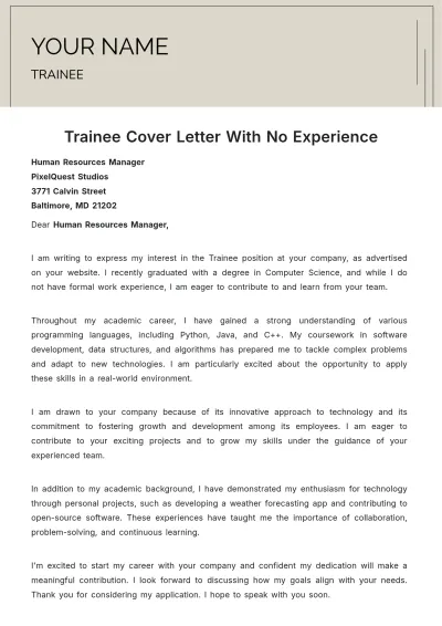 Free Trainee Cover Letter With No Experience to Edit Online