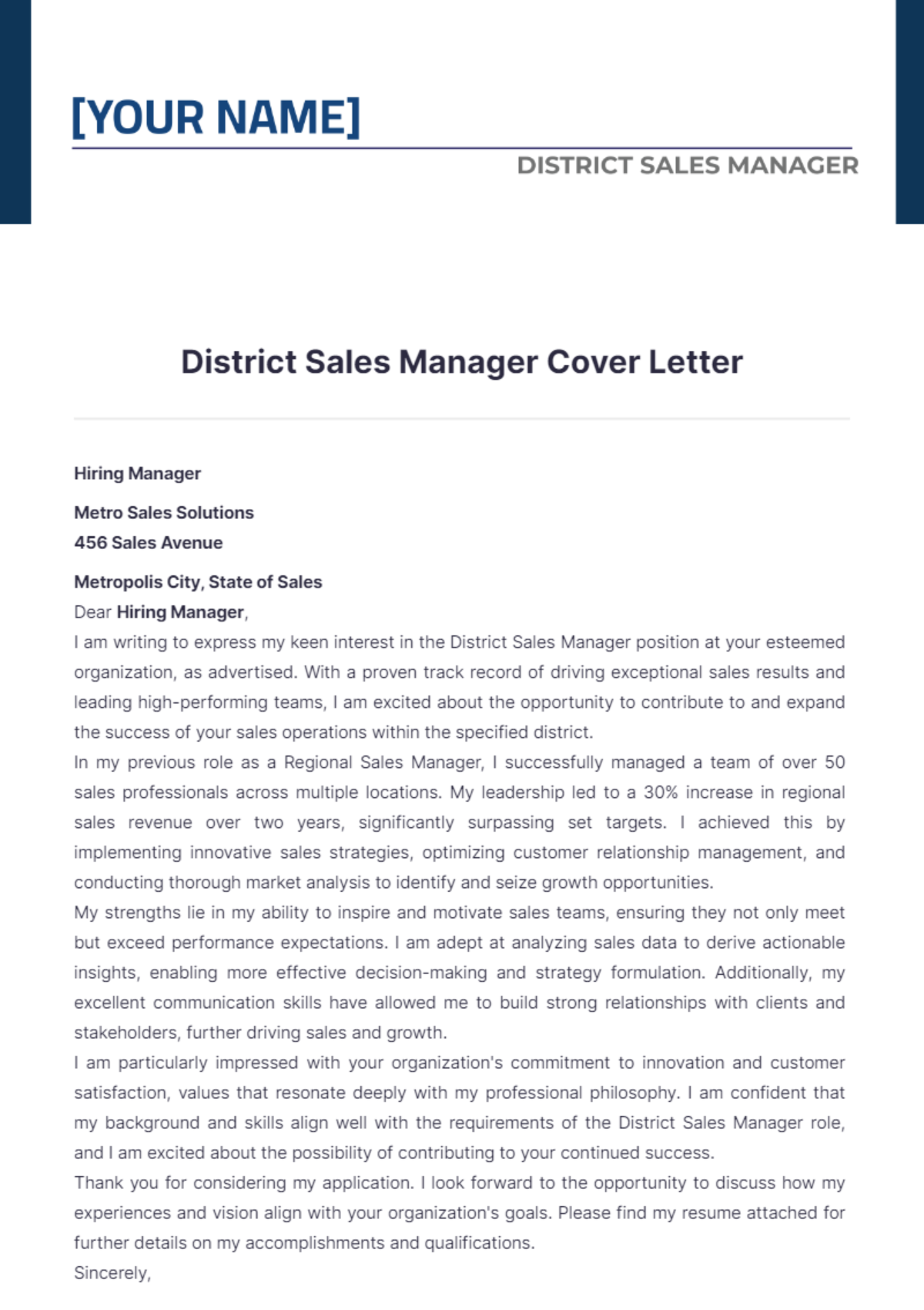 District Sales Manager Cover Letter