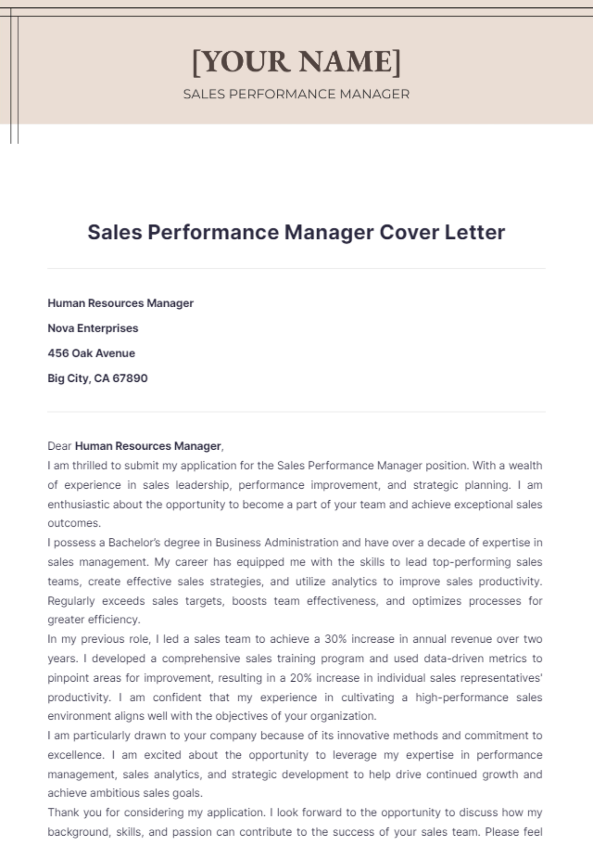 Sales Performance Manager Cover Letter