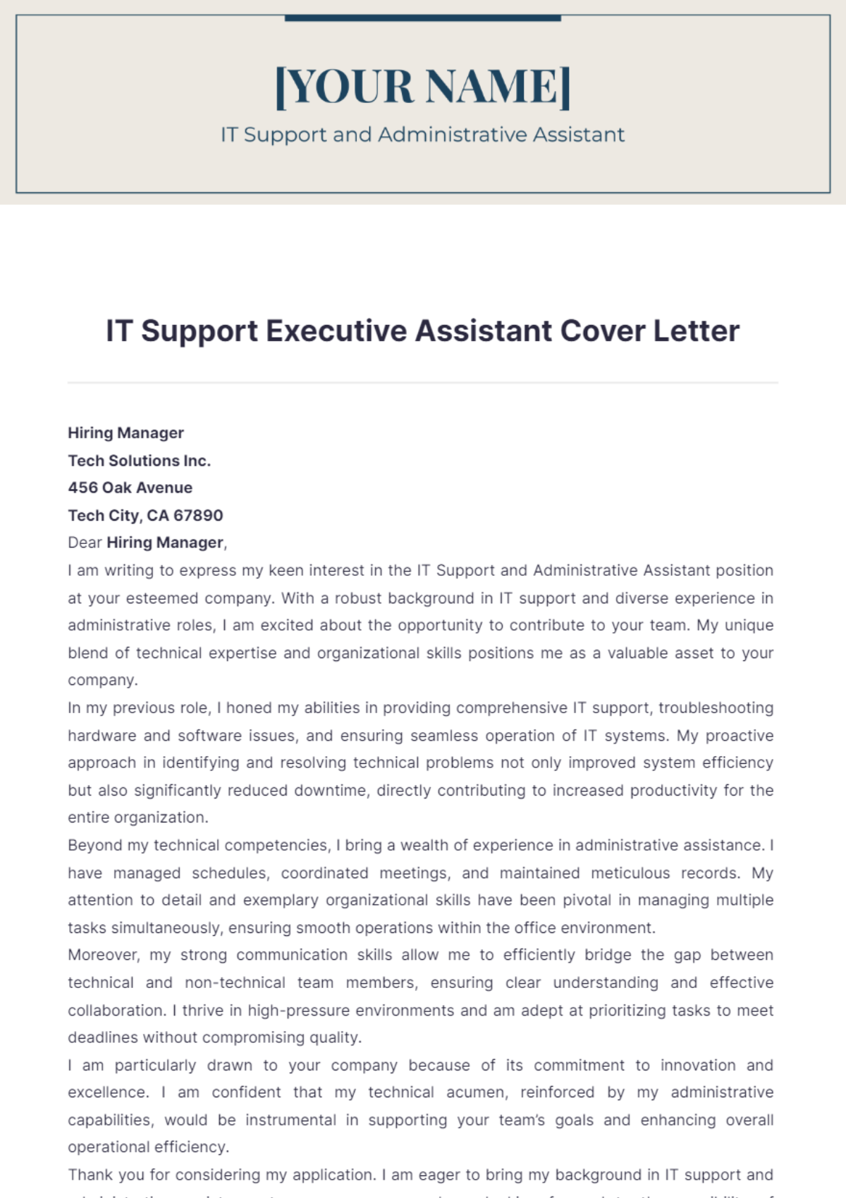 IT Support Executive Assistant Cover Letter - Edit Online & Download