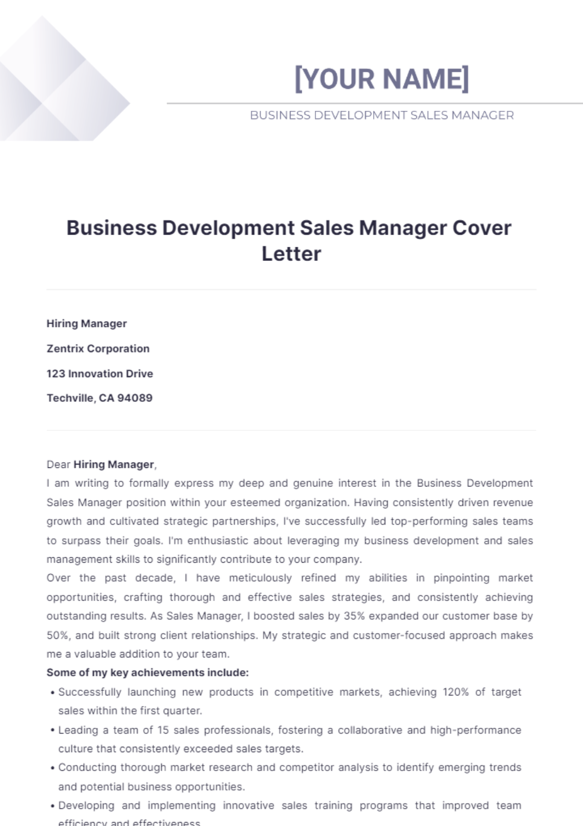 Business Development Sales Manager Cover Letter