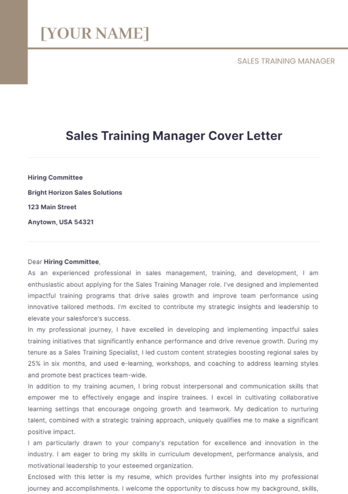 Sales Training Manager Cover Letter