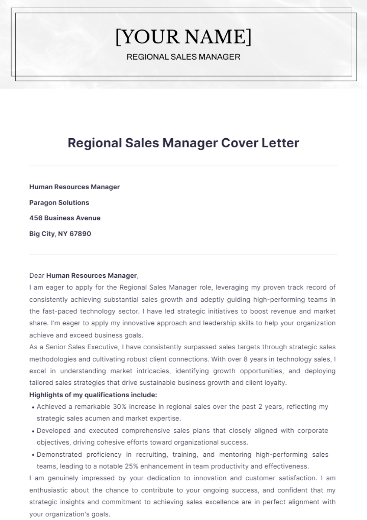 Regional Sales Manager Cover Letter