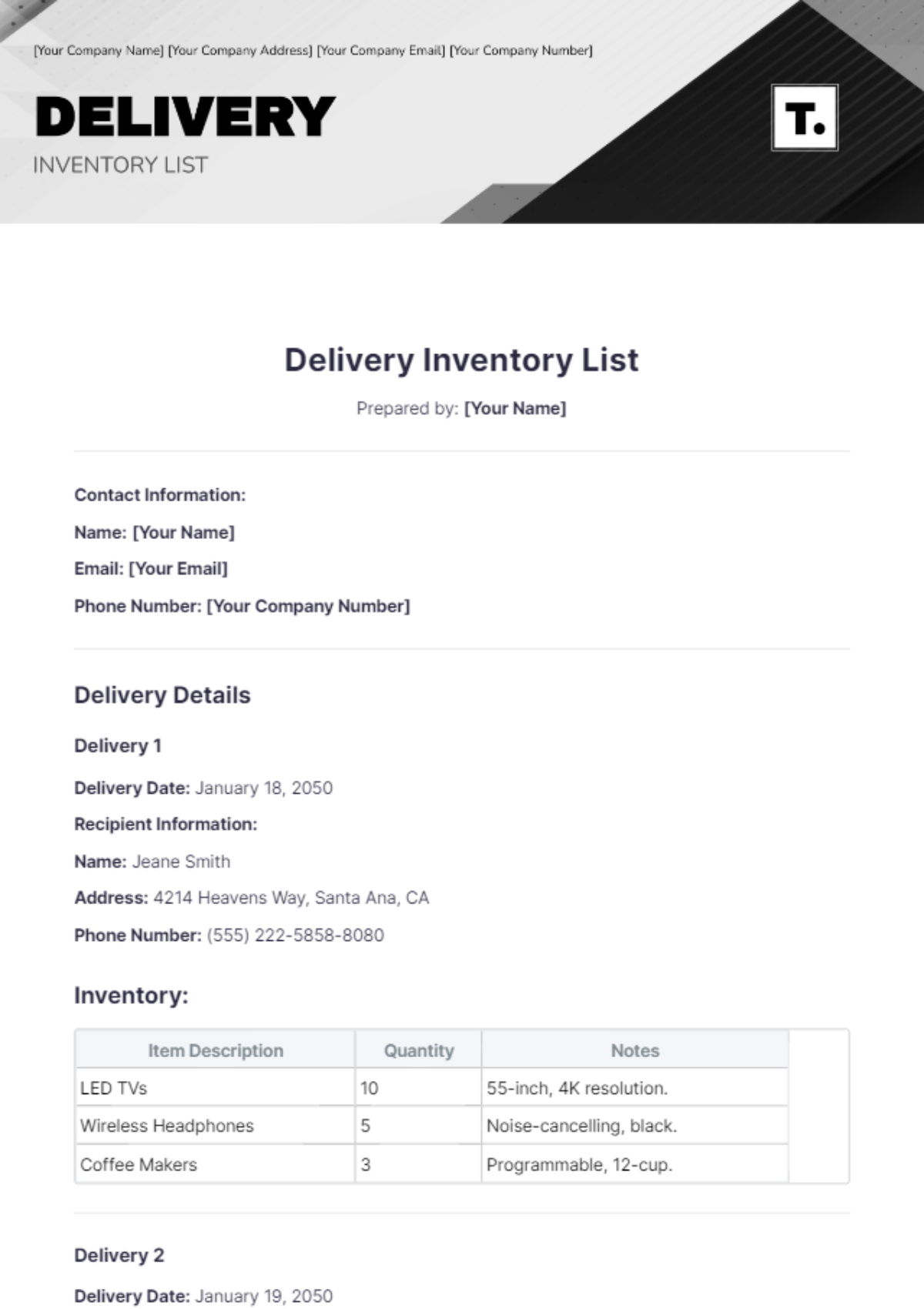 Delivery Inventory List Template - Edit Online & Download