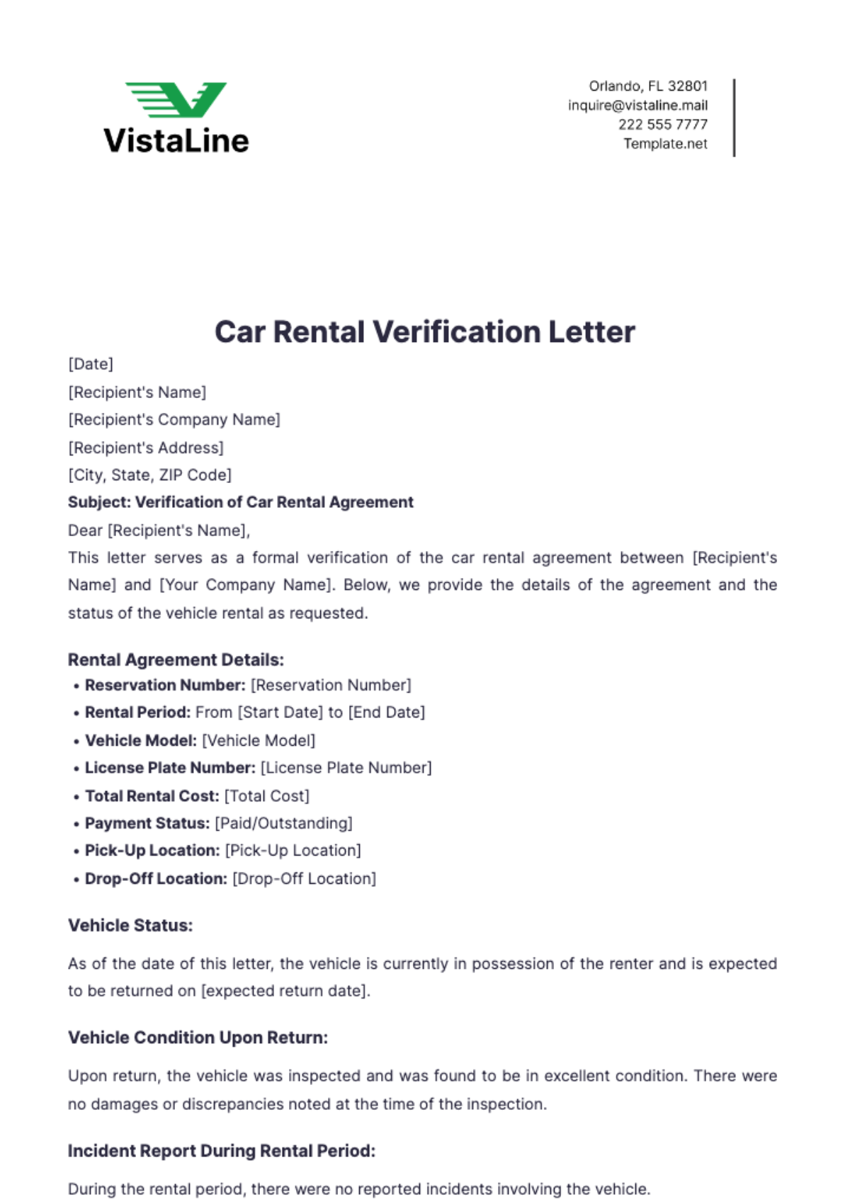 Car Rental Verification Letter Template