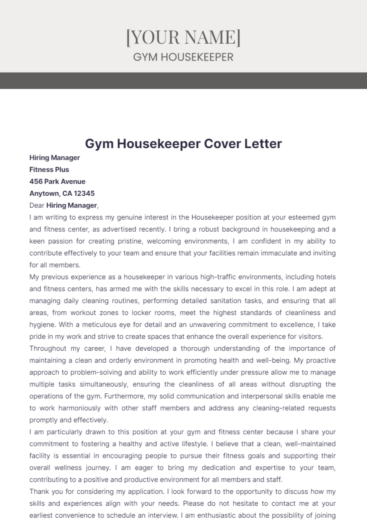 Gym Housekeeper Cover Letter - Edit Online & Download