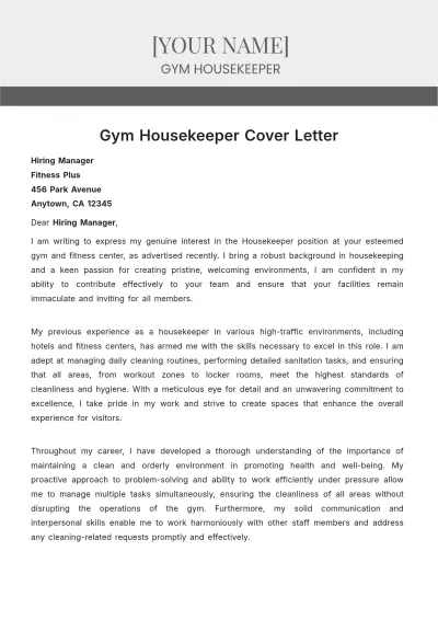 Free Gym Housekeeper Cover Letter to Edit Online