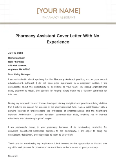 Free Pharmacy Assistant Cover Letter With No Experience to Edit Online