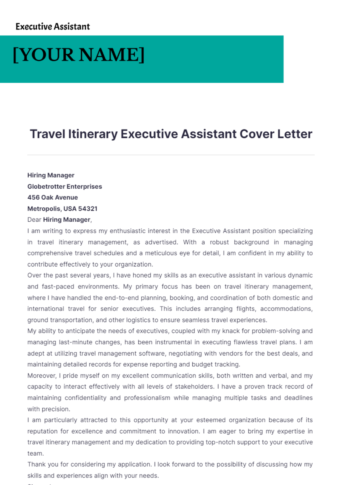 Travel Itinerary Executive Assistant Cover Letter - Edit Online & Download