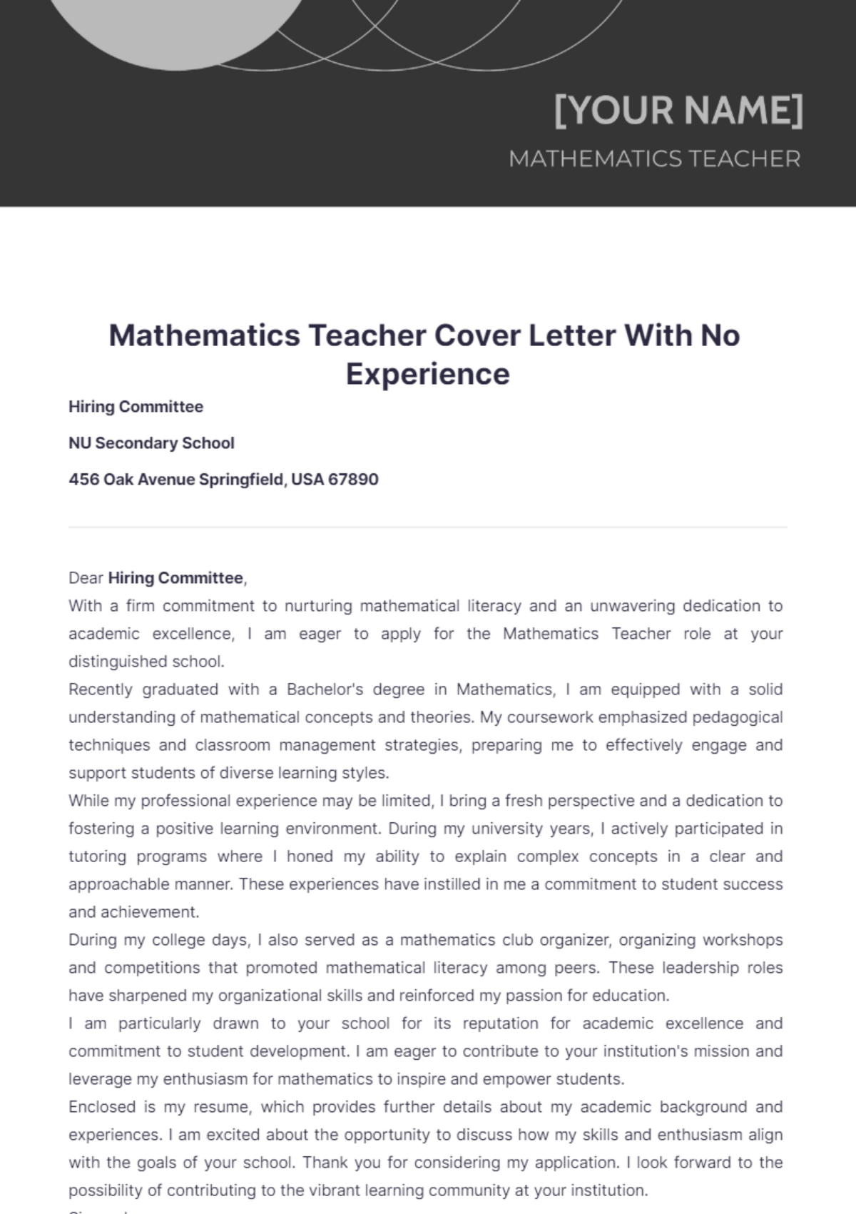 Mathematics Teacher Cover Letter With No Experience - Edit Online & Download