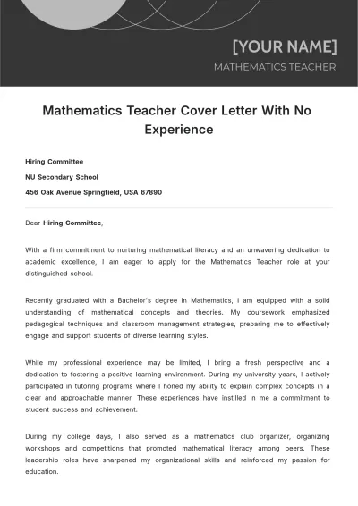 Free Mathematics Teacher Cover Letter With No Experience to Edit Online