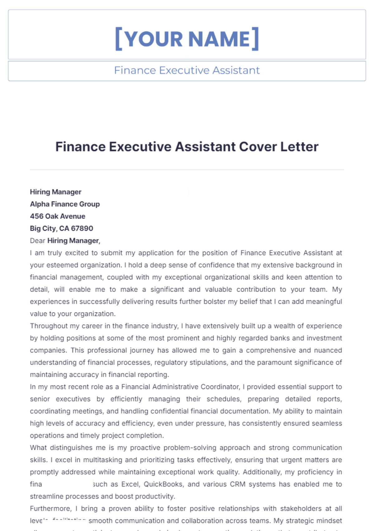 Finance Executive Assistant Cover Letter - Edit Online & Download