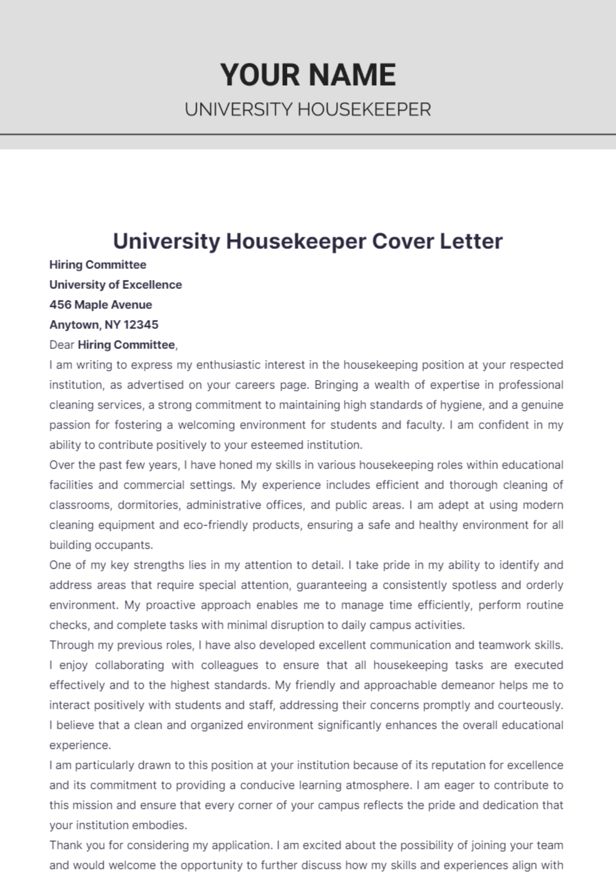 University Housekeeper Cover Letter - Edit Online & Download