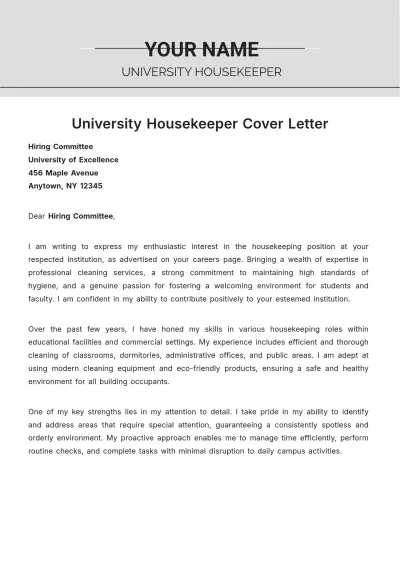 Free University Housekeeper Cover Letter to Edit Online