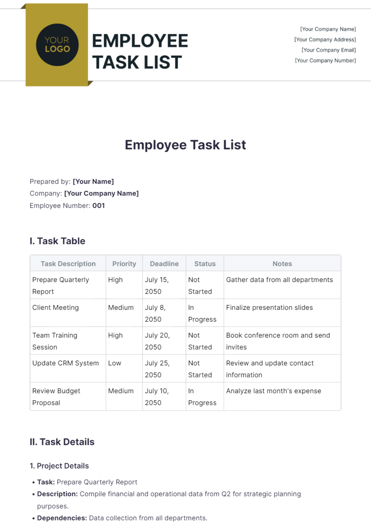 Employee Task List Template - Edit Online & Download