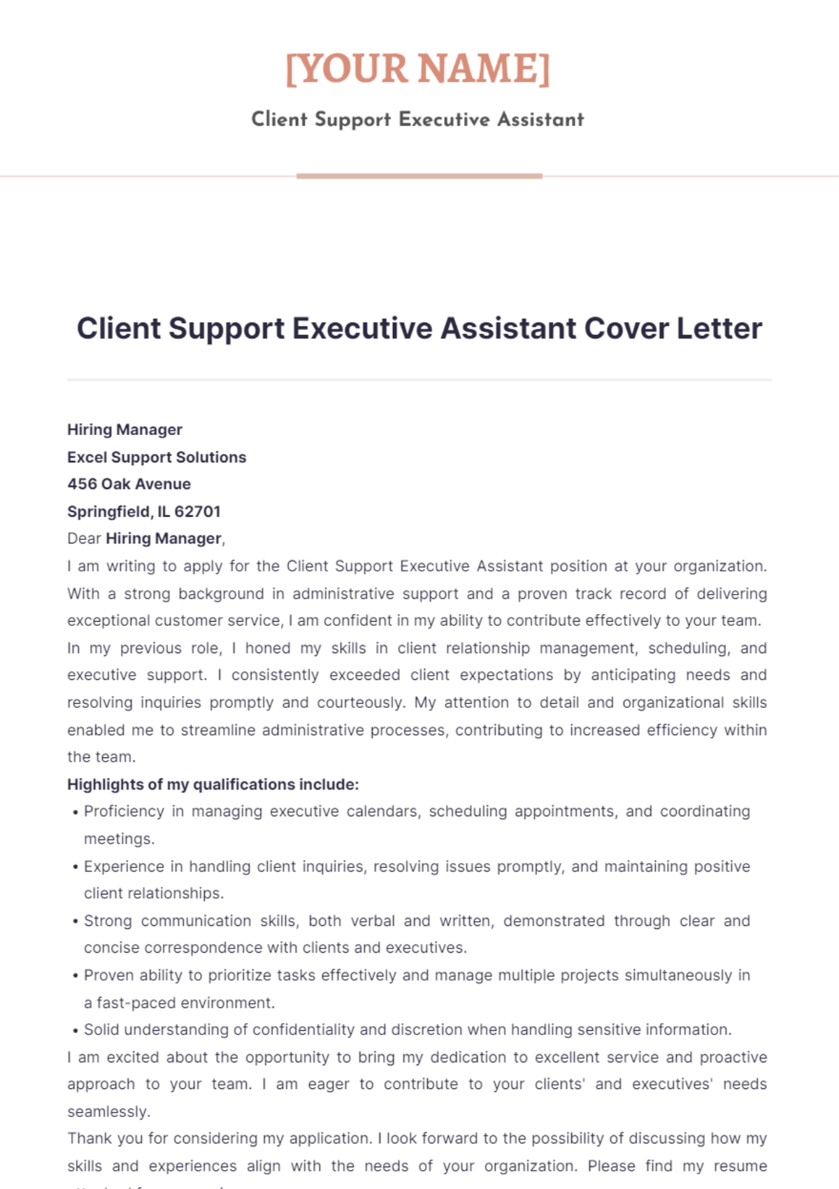 Client Support Executive Assistant Cover Letter - Edit Online & Download