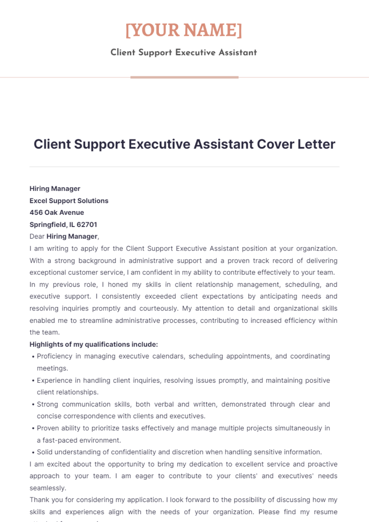 Free Client Support Executive Assistant Cover Letter Template To Edit Free Client Support Executive Assistant Cover Letter Template To Edit