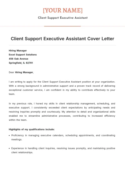 Free Client Support Executive Assistant Cover Letter to Edit Online