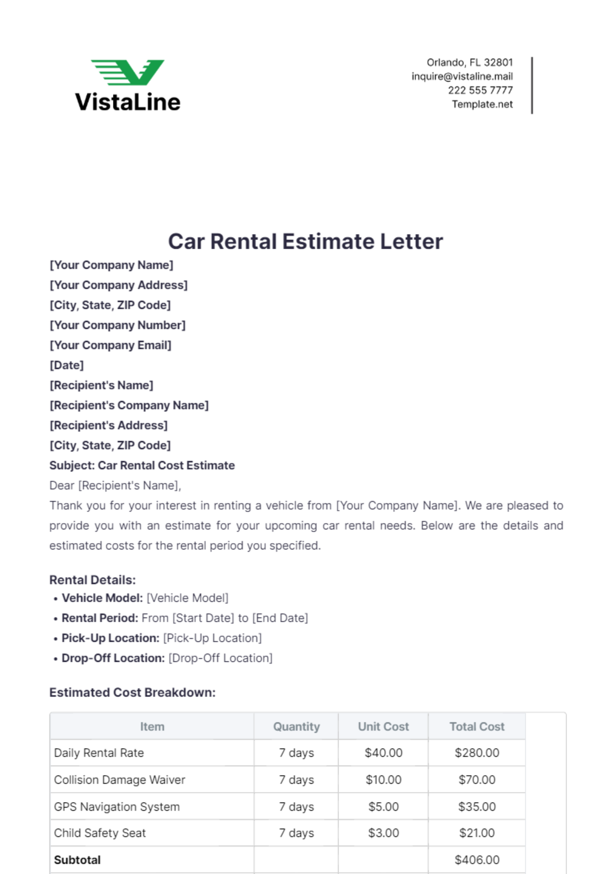 Car Rental Estimate Letter Template - Edit Online & Download