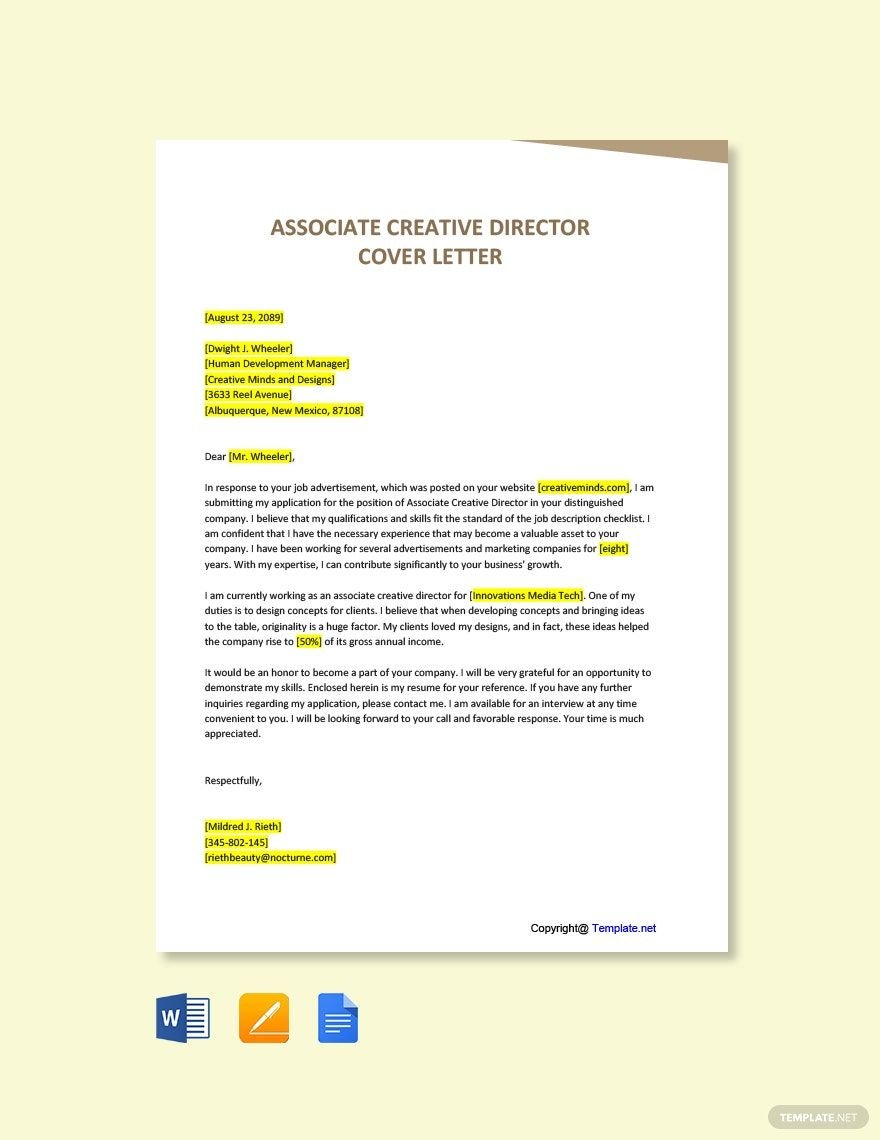 Free Associate Creative Director Cover Letter Template