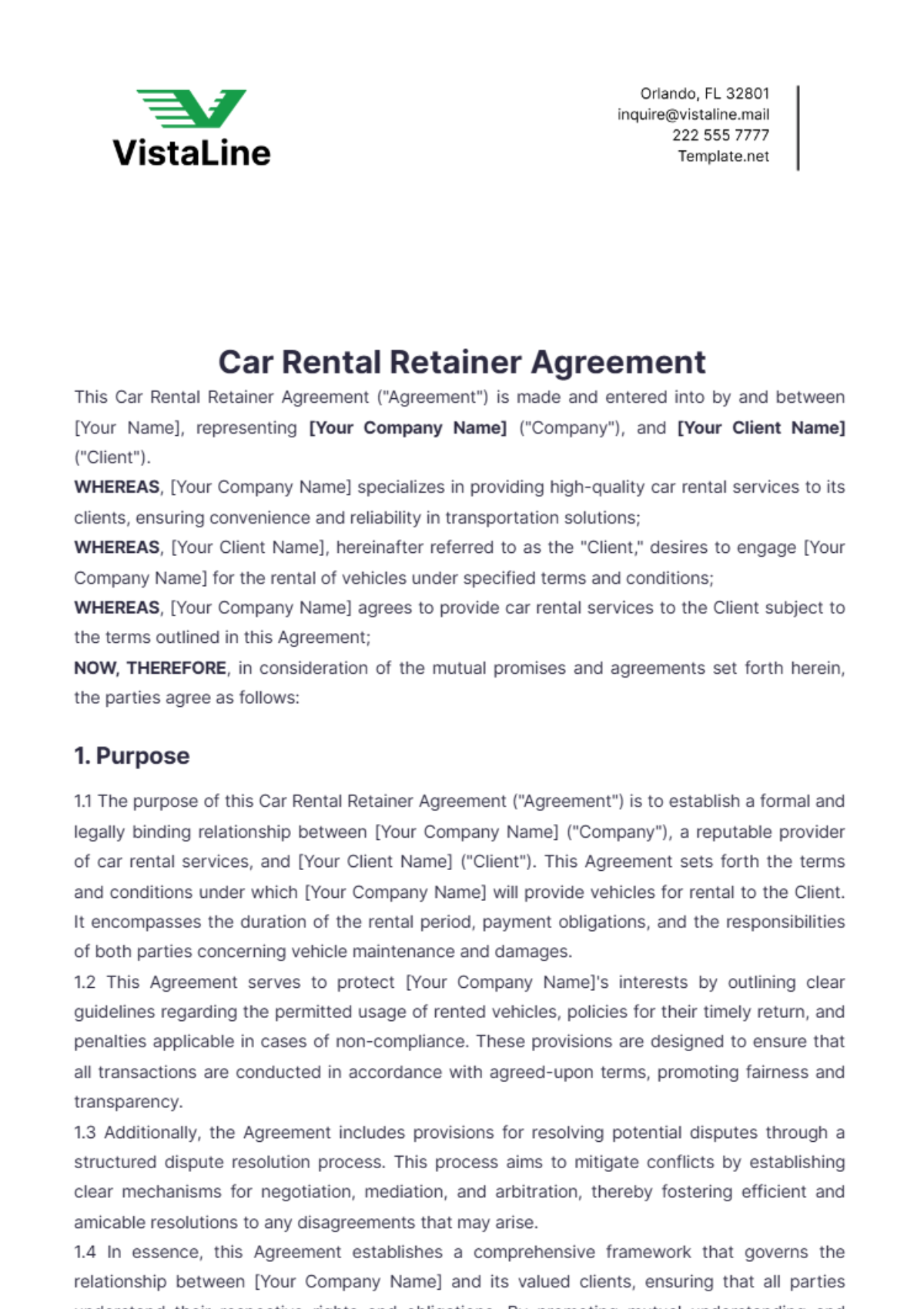 Car Rental Retainer Agreement Template - Edit Online & Download