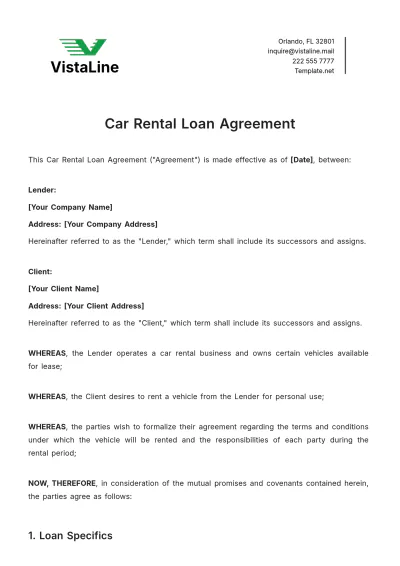 Free Car Rental Loan Agreement Template to Edit Online