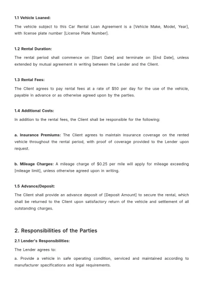 Free Car Rental Loan Agreement Template to Edit Online