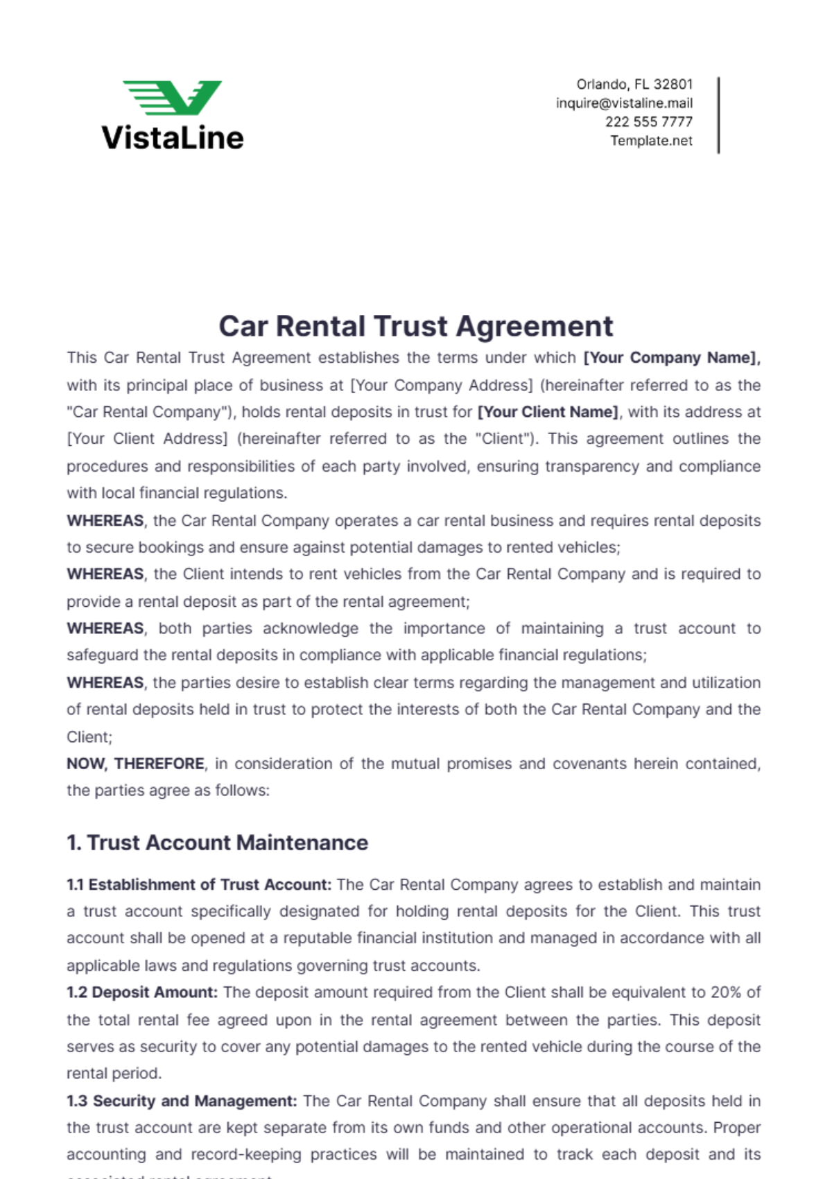 Car Rental Trust Agreement Template - Edit Online & Download