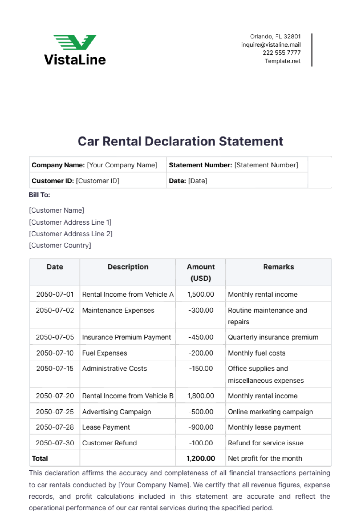 Car Rental Declaration Statement Template - Edit Online & Download