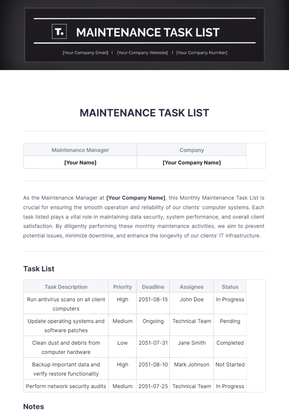 Maintenance Task List Template - Edit Online & Download