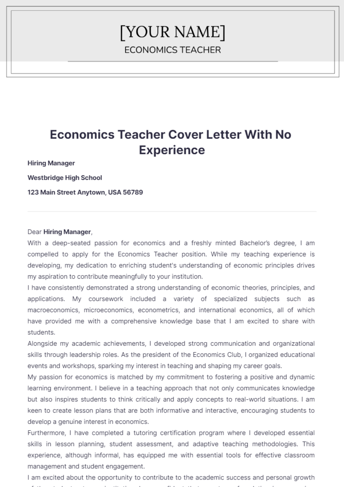 Economics Teacher Cover Letter With No Experience - Edit Online & Download