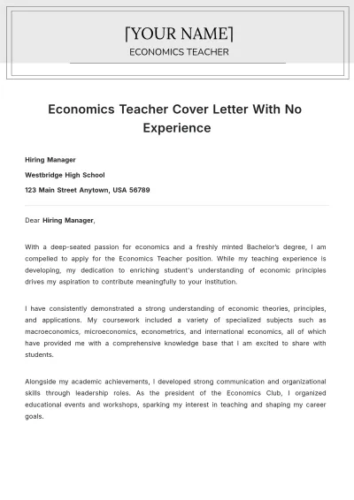Free Economics Teacher Cover Letter With No Experience to Edit Online