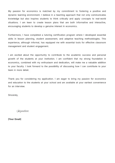 Free Economics Teacher Cover Letter With No Experience to Edit Online