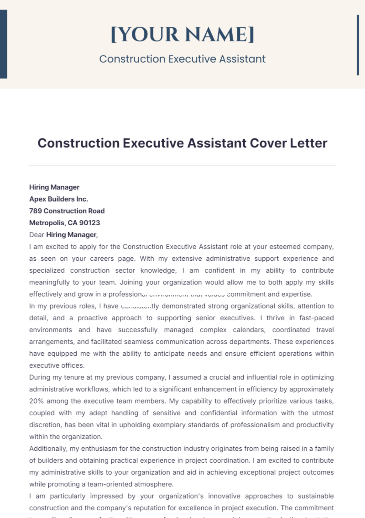 Construction Executive Assistant Cover Letter - Edit Online & Download