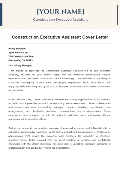 Free Construction Executive Assistant Cover Letter to Edit Online
