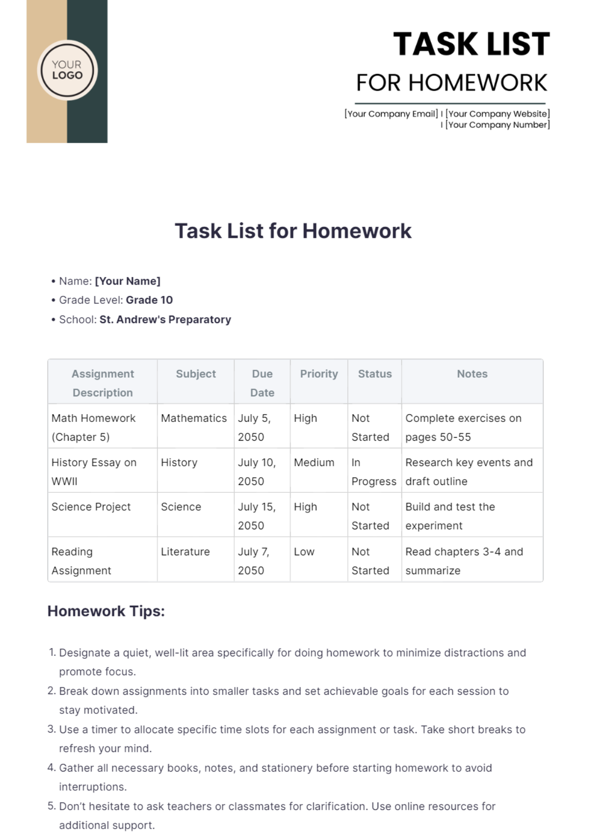 Task List for Homework Template - Edit Online & Download