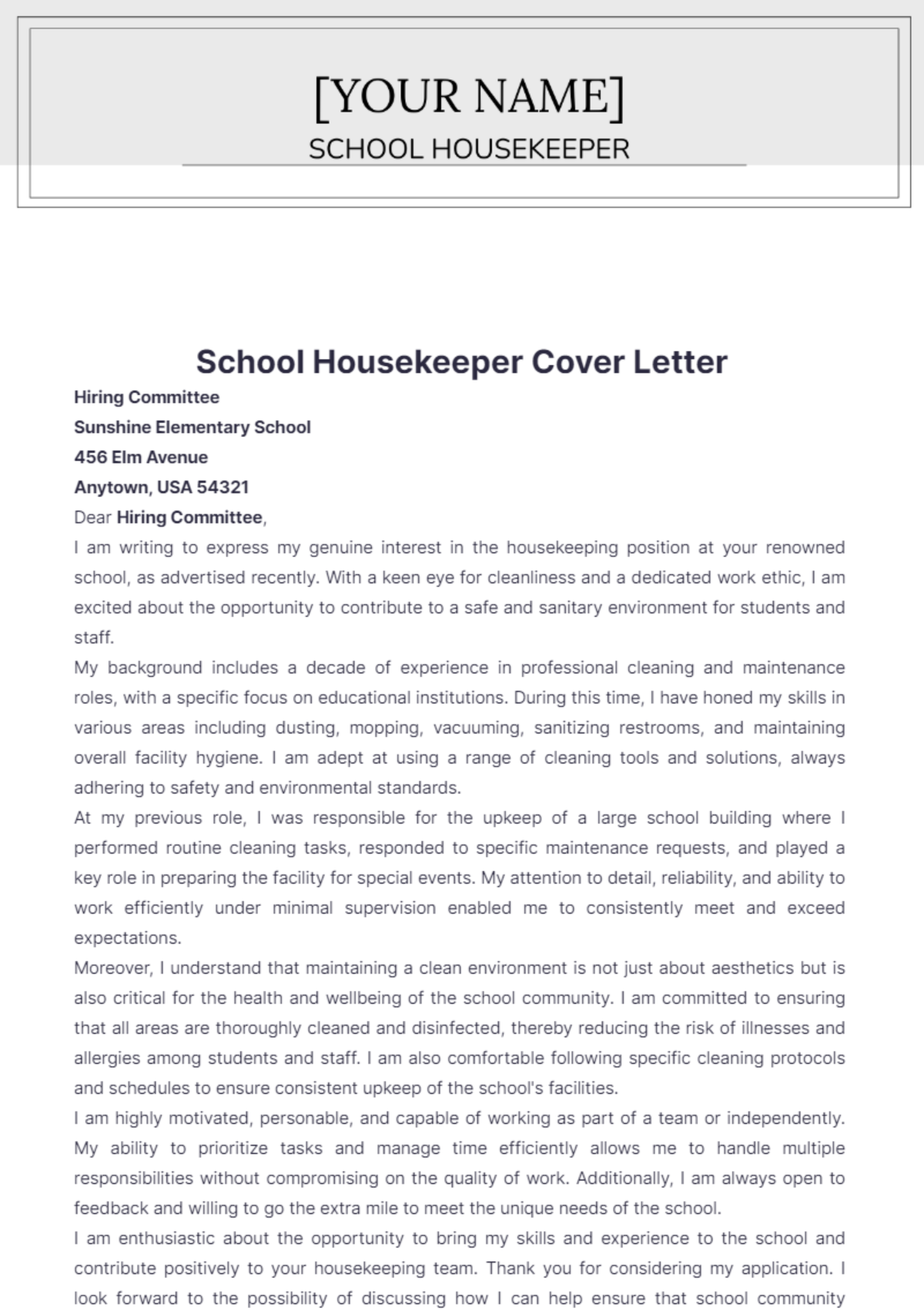 School Housekeeper Cover Letter - Edit Online & Download