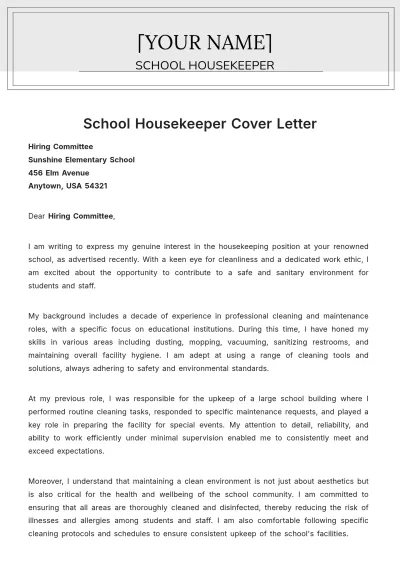 Free School Housekeeper Cover Letter to Edit Online