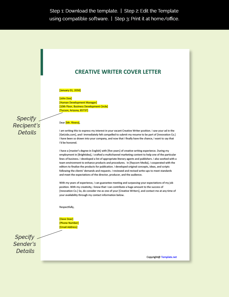 Creative Writer Cover Letter Template