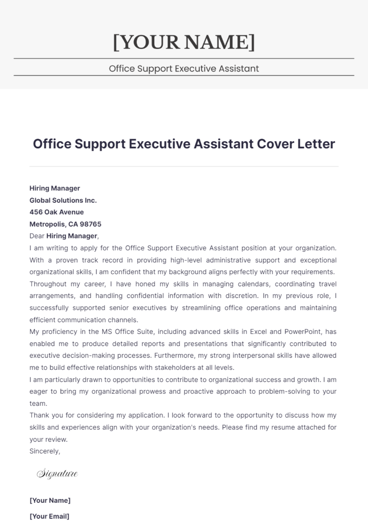 Office Support Executive Assistant Cover Letter - Edit Online & Download