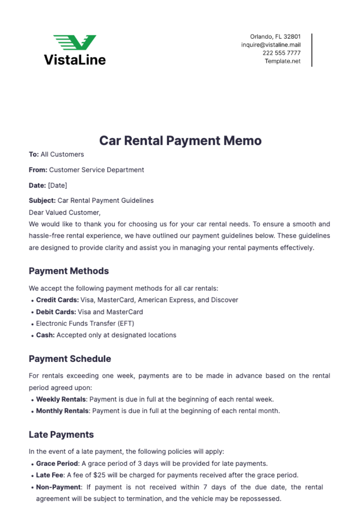 Car Rental Payment Memo Template - Edit Online & Download