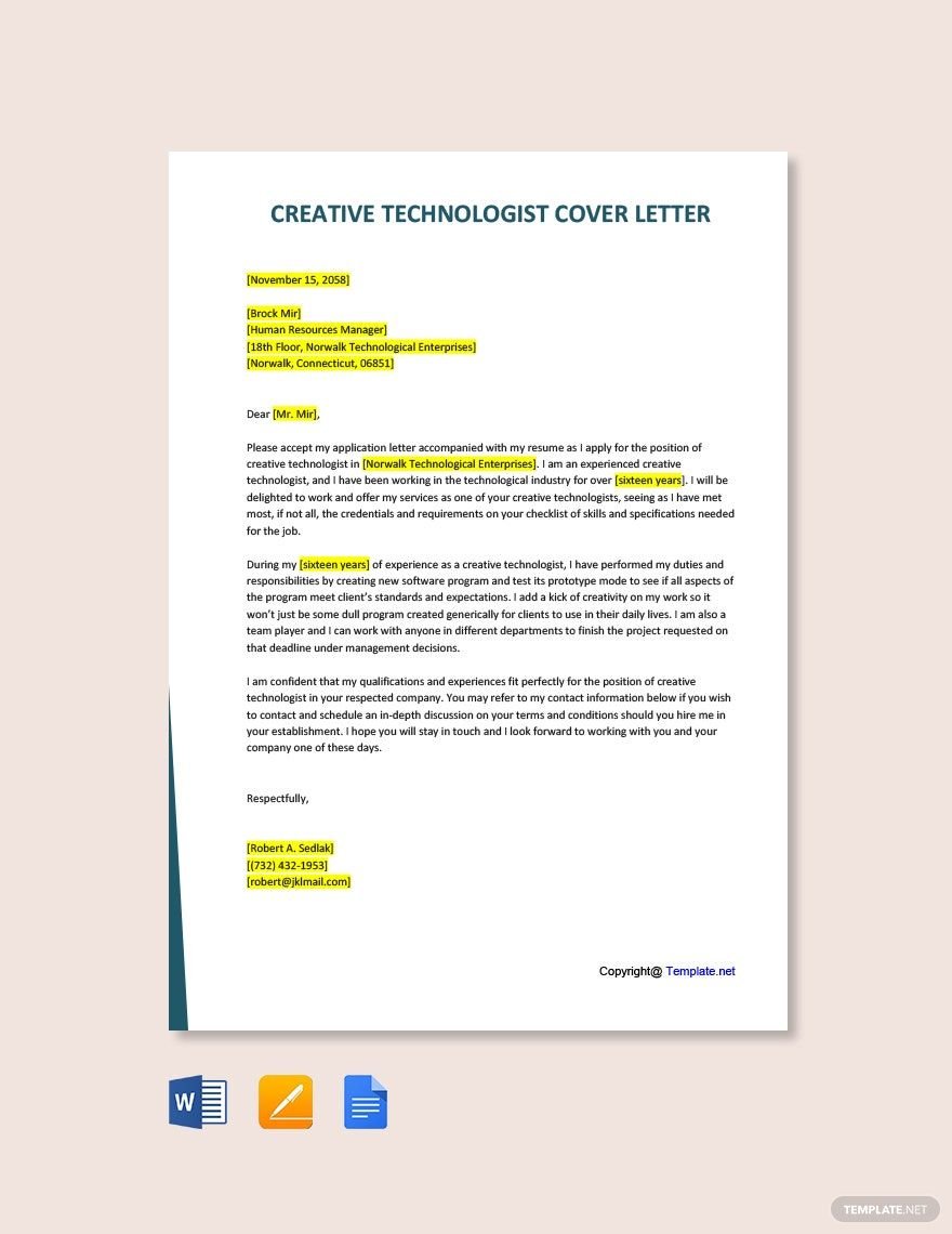Free Creative Technologist Cover Letter Template