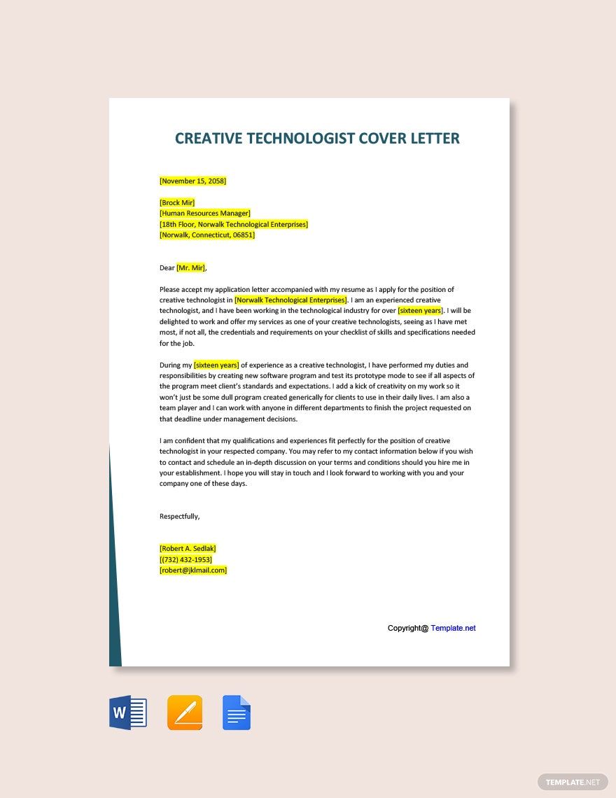 Environmental Technologist Cover Letter Template - Google Docs, Word ...