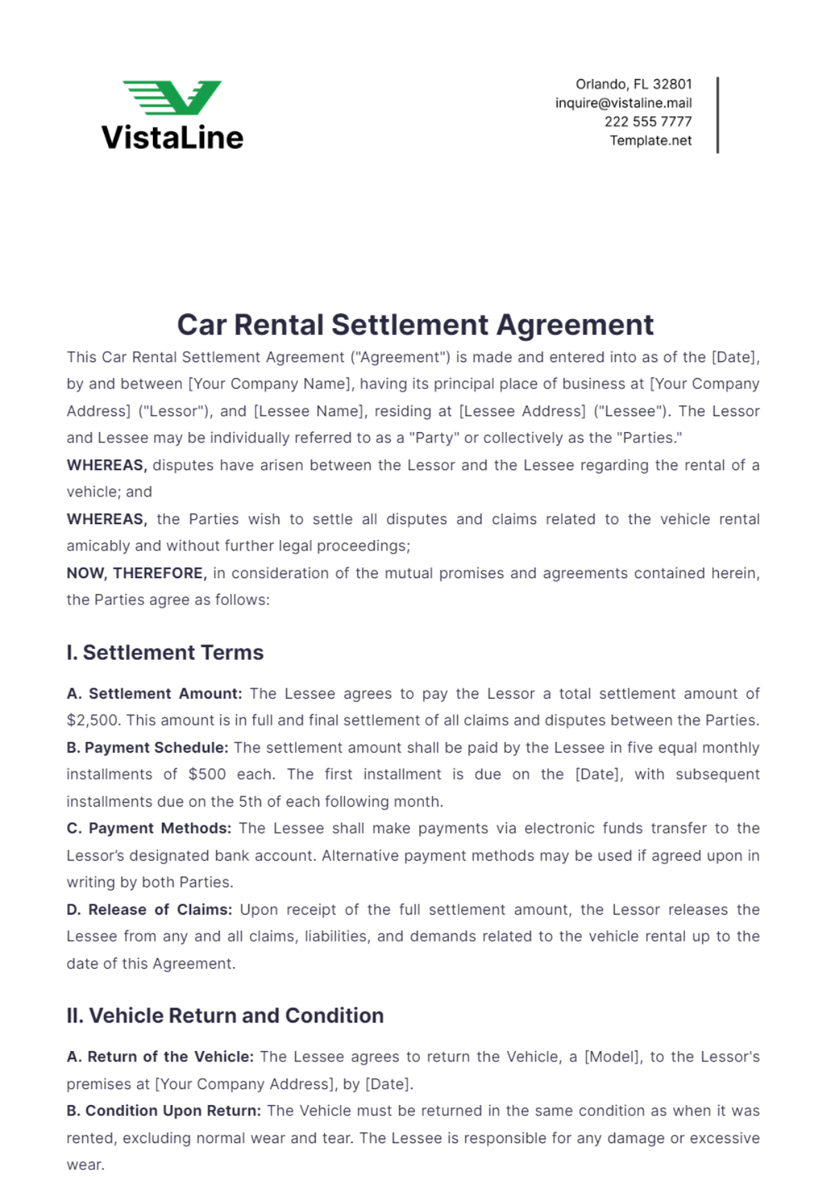 Car Rental Settlement Agreement Template - Edit Online & Download