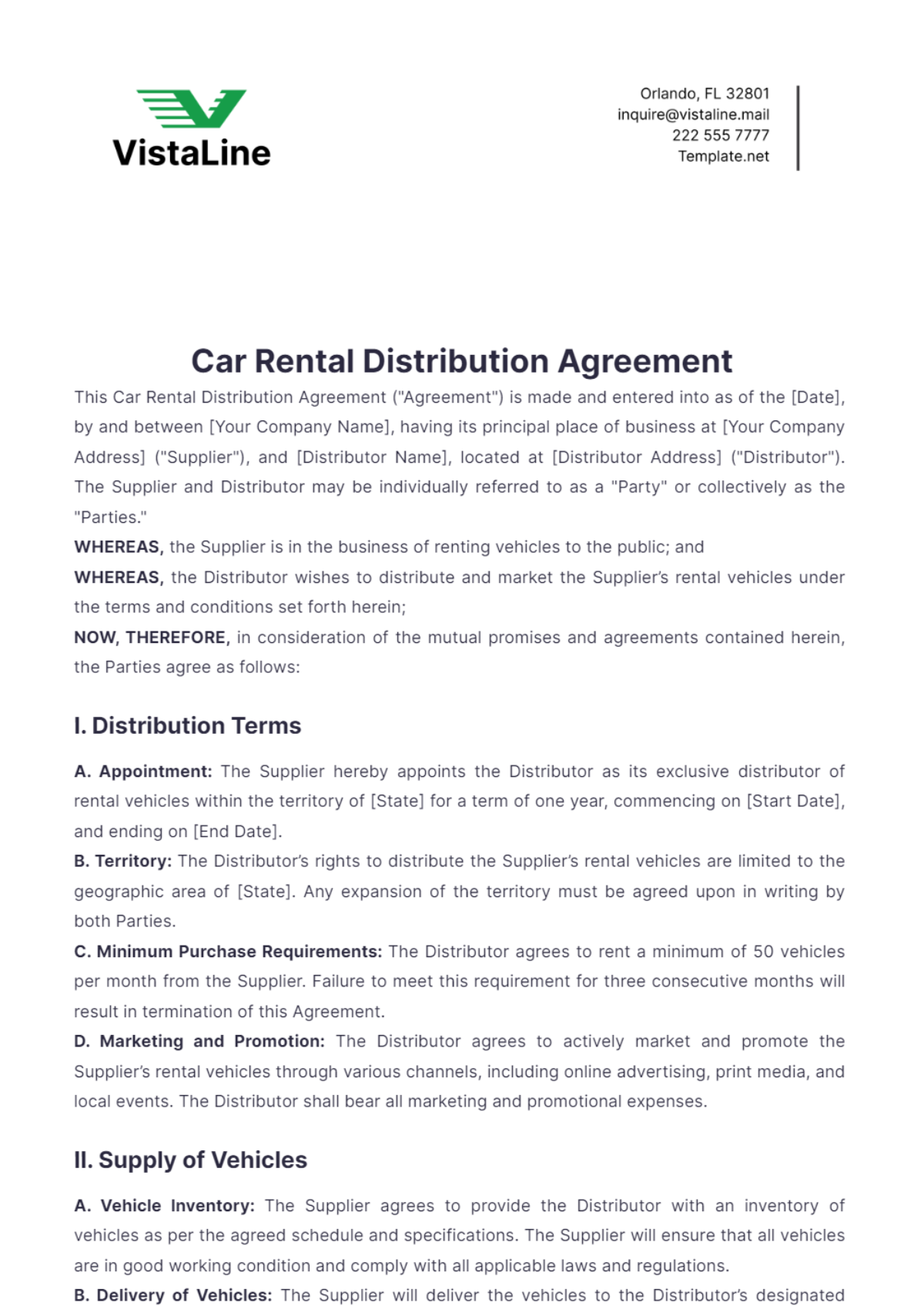 Car Rental Distribution Agreement Template - Edit Online & Download