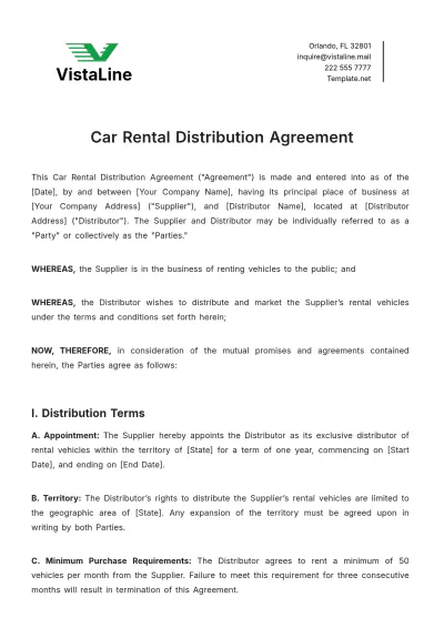 Free Car Rental Distribution Agreement Template to Edit Online