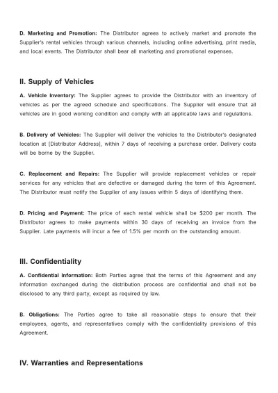 Free Car Rental Distribution Agreement Template to Edit Online